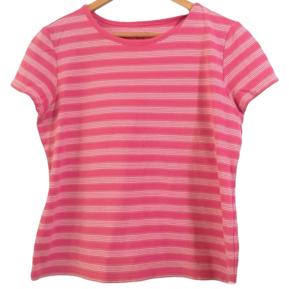 IZOD  Pink Short Sleeved Crew Neck Stripped Top L